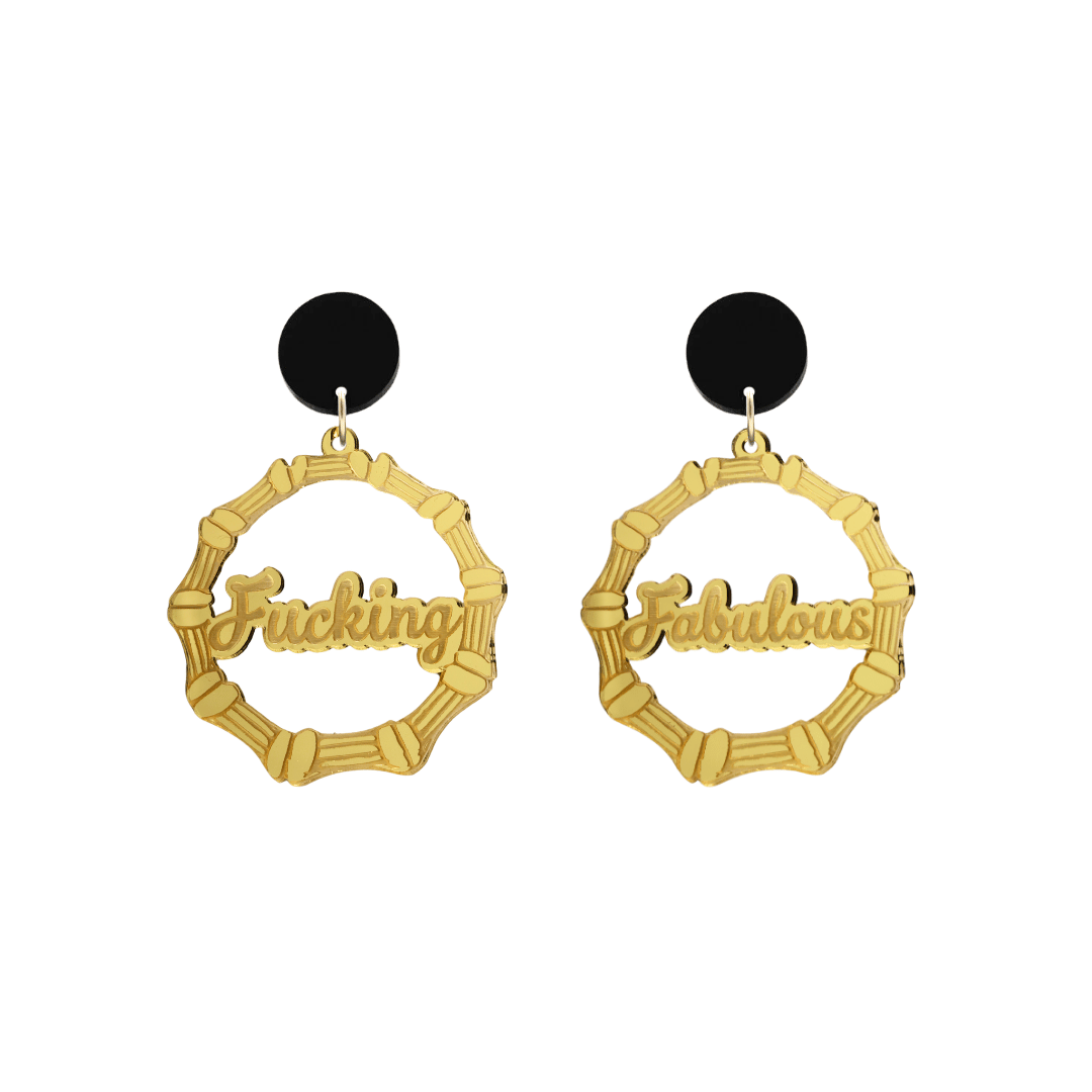 haus of dizzy acrylic gold mirror bamboo hoops with ollie cursive text that reads fucking fabulous, one word on each earring, with black circle stud tops size small