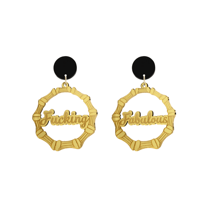 haus of dizzy acrylic gold mirror bamboo hoops with ollie cursive text that reads fucking fabulous, one word on each earring, with black circle stud tops size small
