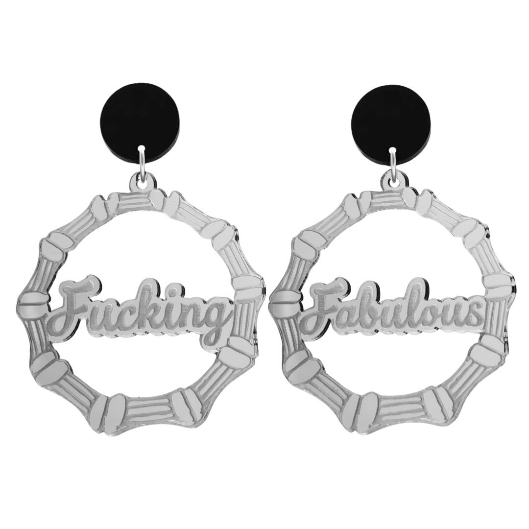 haus of dizzy acrylic silver mirror bamboo hoops with ollie cursive text that reads fucking fabulous, one word on each earring, with black circle stud tops size large