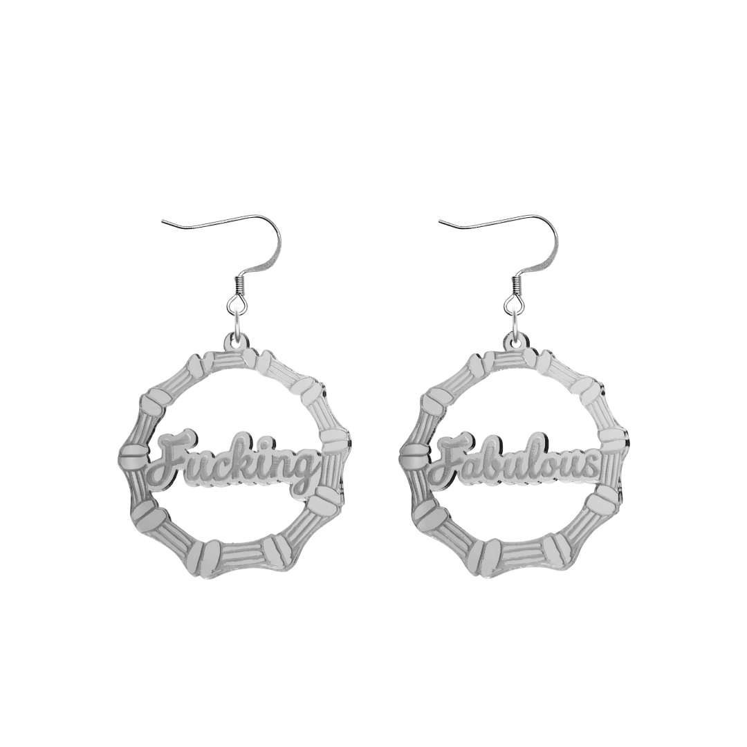 haus of dizzy acrylic silver mirror bamboo hoops with ollie cursive text that reads fucking fabulous, one word on each earring, with hooks no circle stud tops size small