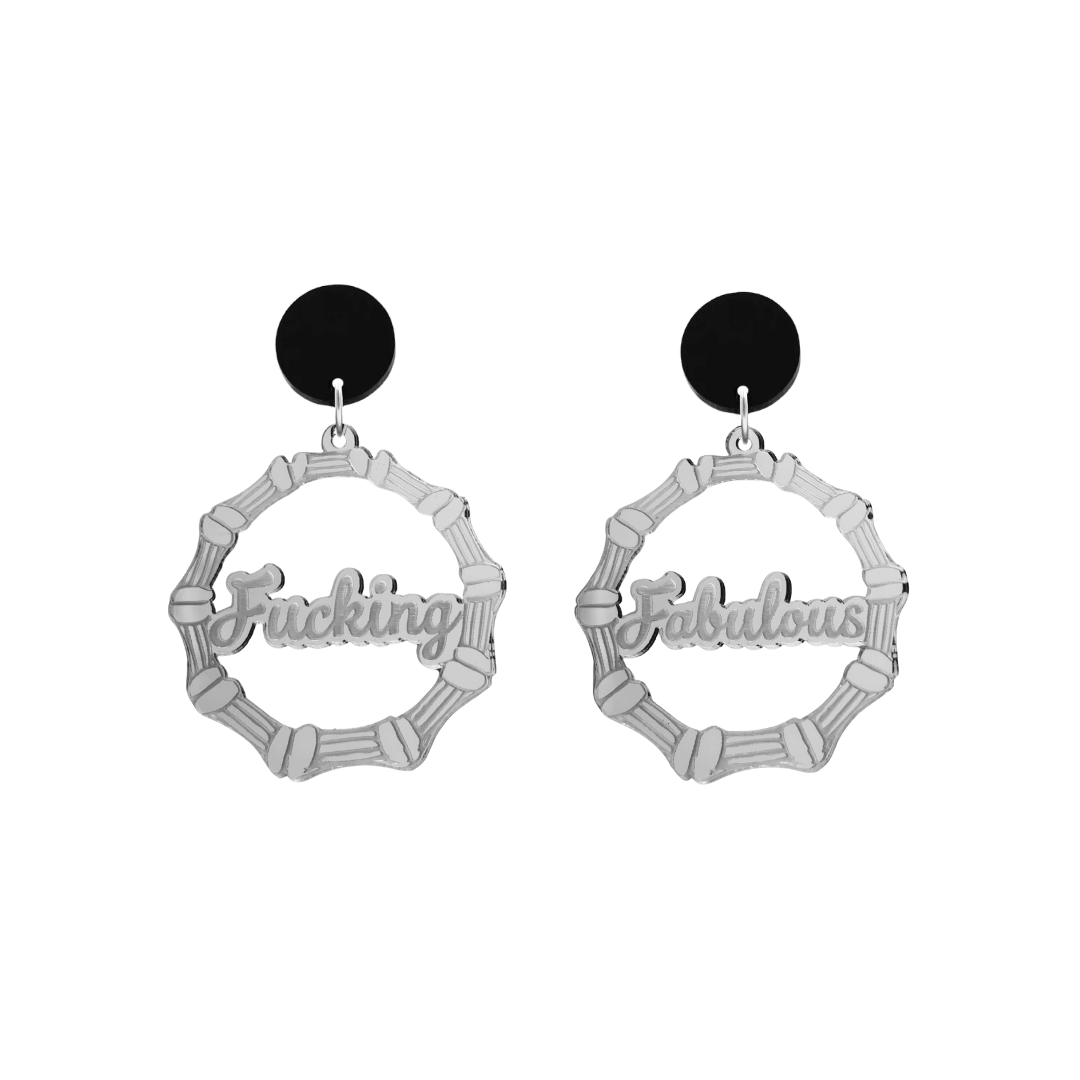 haus of dizzy acrylic silver mirror bamboo hoops with ollie cursive text that reads fucking fabulous, one word on each earring, with black circle stud tops size small