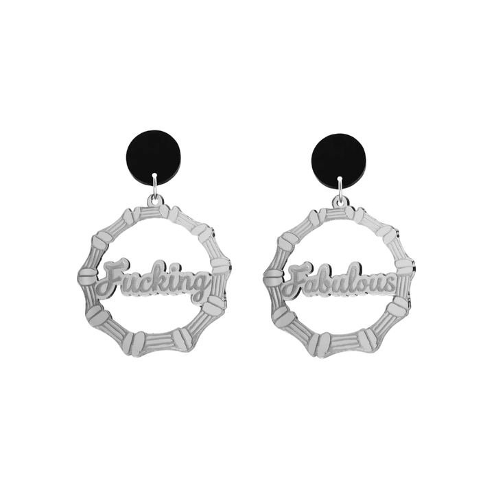 haus of dizzy acrylic silver mirror bamboo hoops with ollie cursive text that reads fucking fabulous, one word on each earring, with black circle stud tops size small