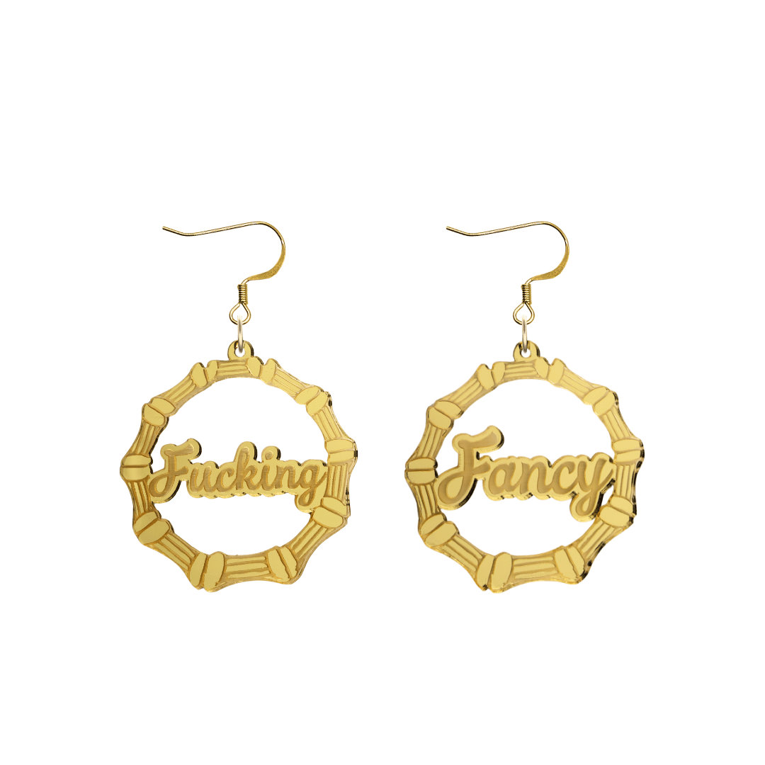 haus of dizzy acrylic gold mirror bamboo hoops with ollie cursive text that reads fucking fancy, one word on each earring, with hooks no circle stud tops size small