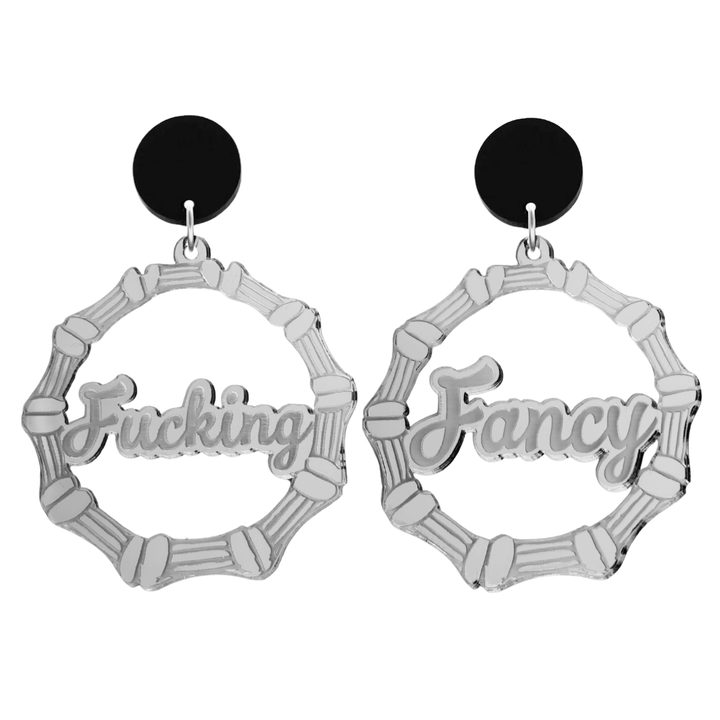 haus of dizzy acrylic silver mirror bamboo hoops with ollie cursive text that reads fucking fancy, one word on each earring, with black circle stud tops size large