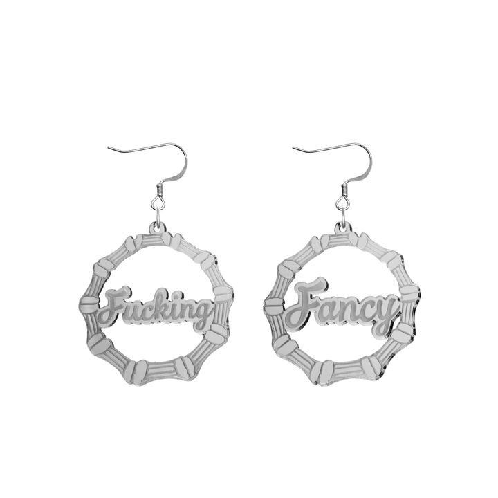 haus of dizzy acrylic silver mirror bamboo hoops with ollie cursive text that reads fucking fancy, one word on each earring, with hooks no circle stud tops size small