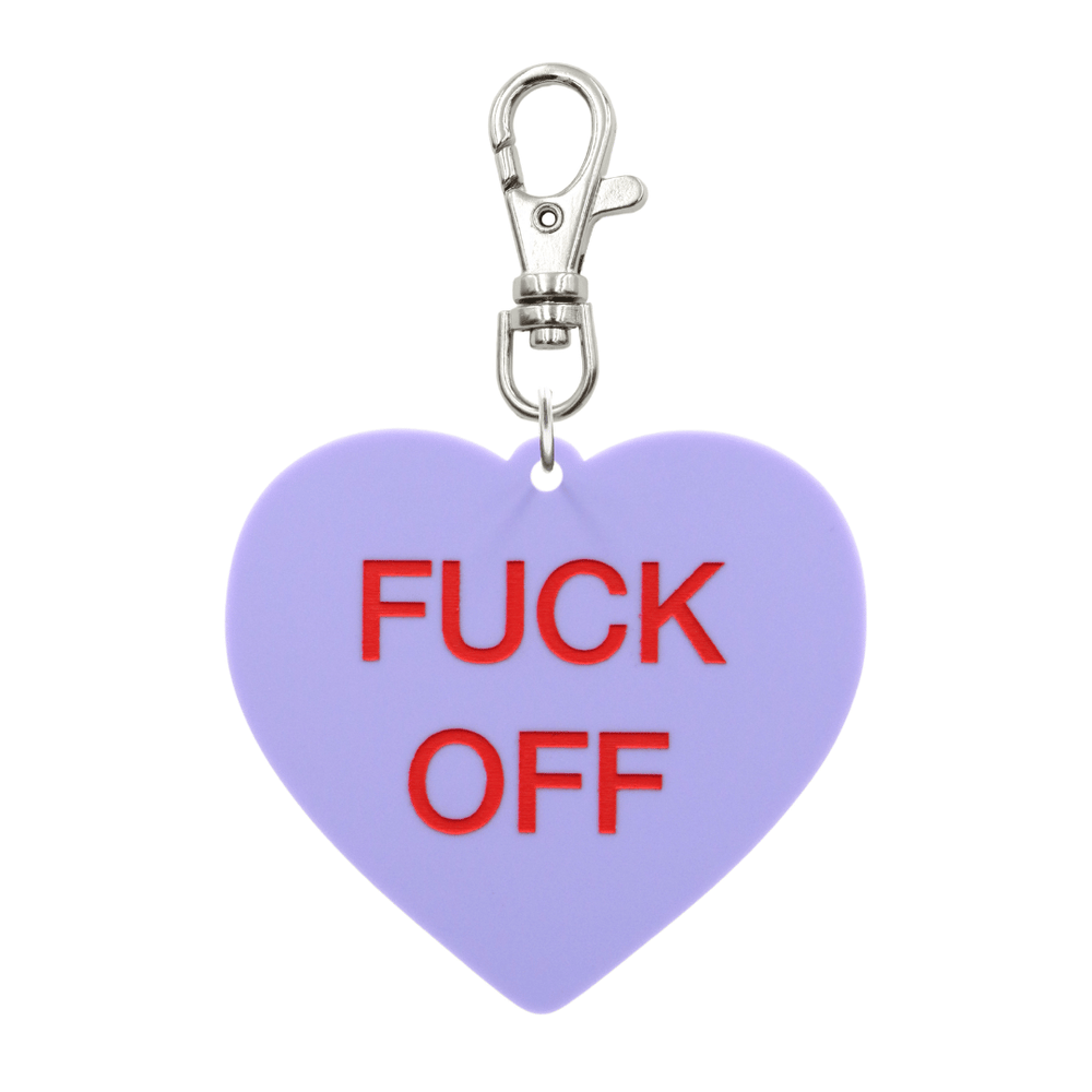 haus of dizzy pastel grape candy heart-shaped keychain with hand painted red 'F*ck Off' text with silver parrot clasp