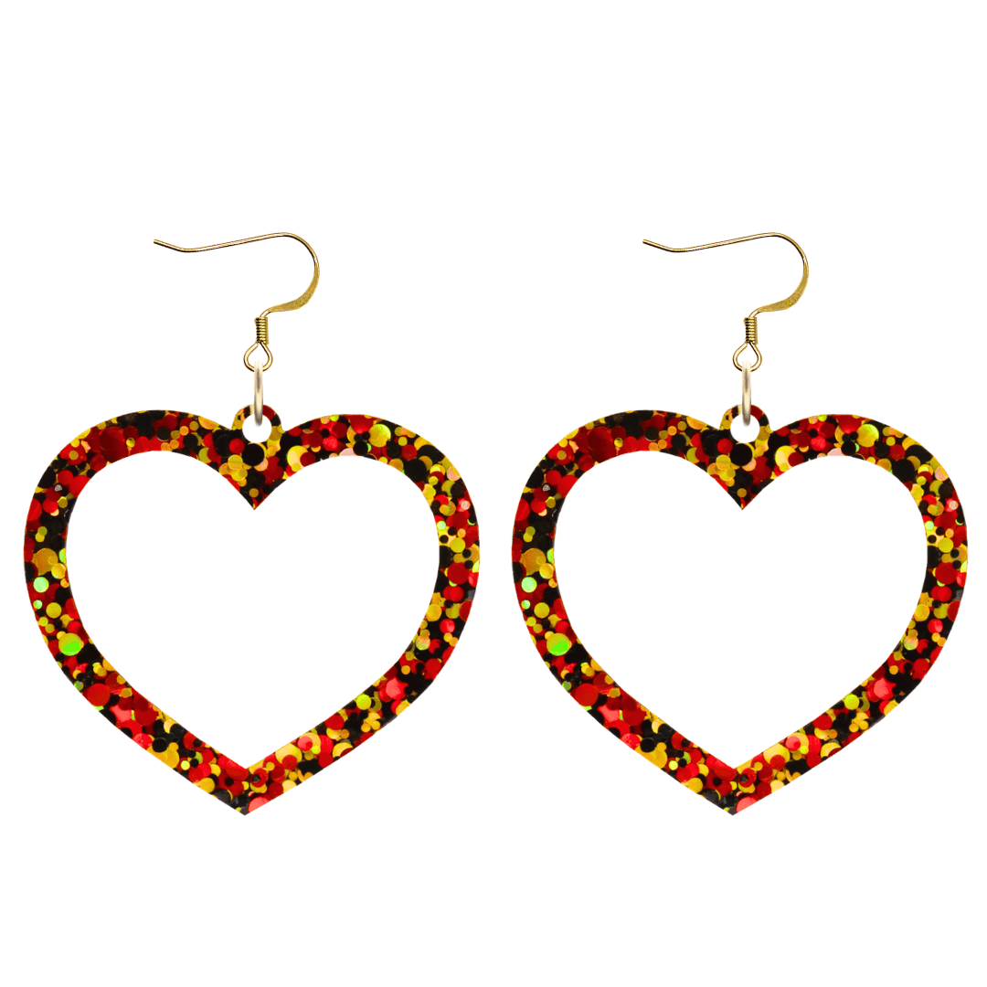 haus of dizzy heart-shaped acrylic earrings with black, red, and gold glitter through clear base with hooks size large