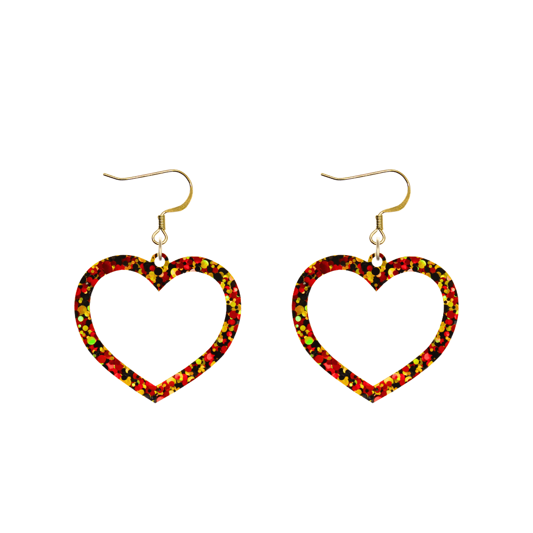 haus of dizzy heart-shaped acrylic earrings with black, red, and gold glitter through clear base with hooks size small