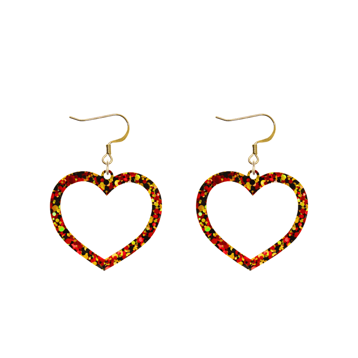haus of dizzy heart-shaped acrylic earrings with black, red, and gold glitter through clear base with hooks size small