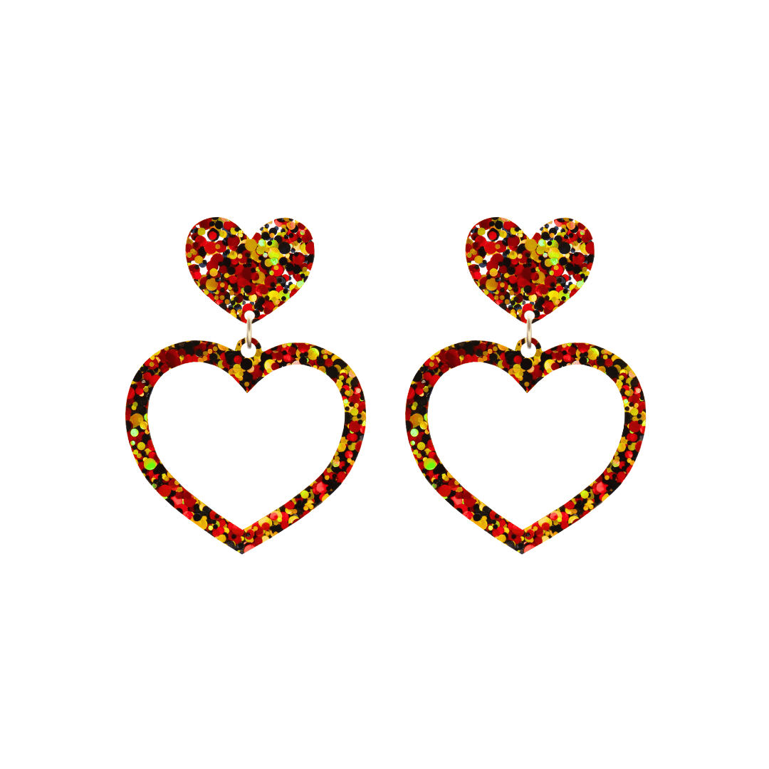 haus of dizzy heart-shaped acrylic earrings with black, red, and gold glitter through clear base with stud tops size small