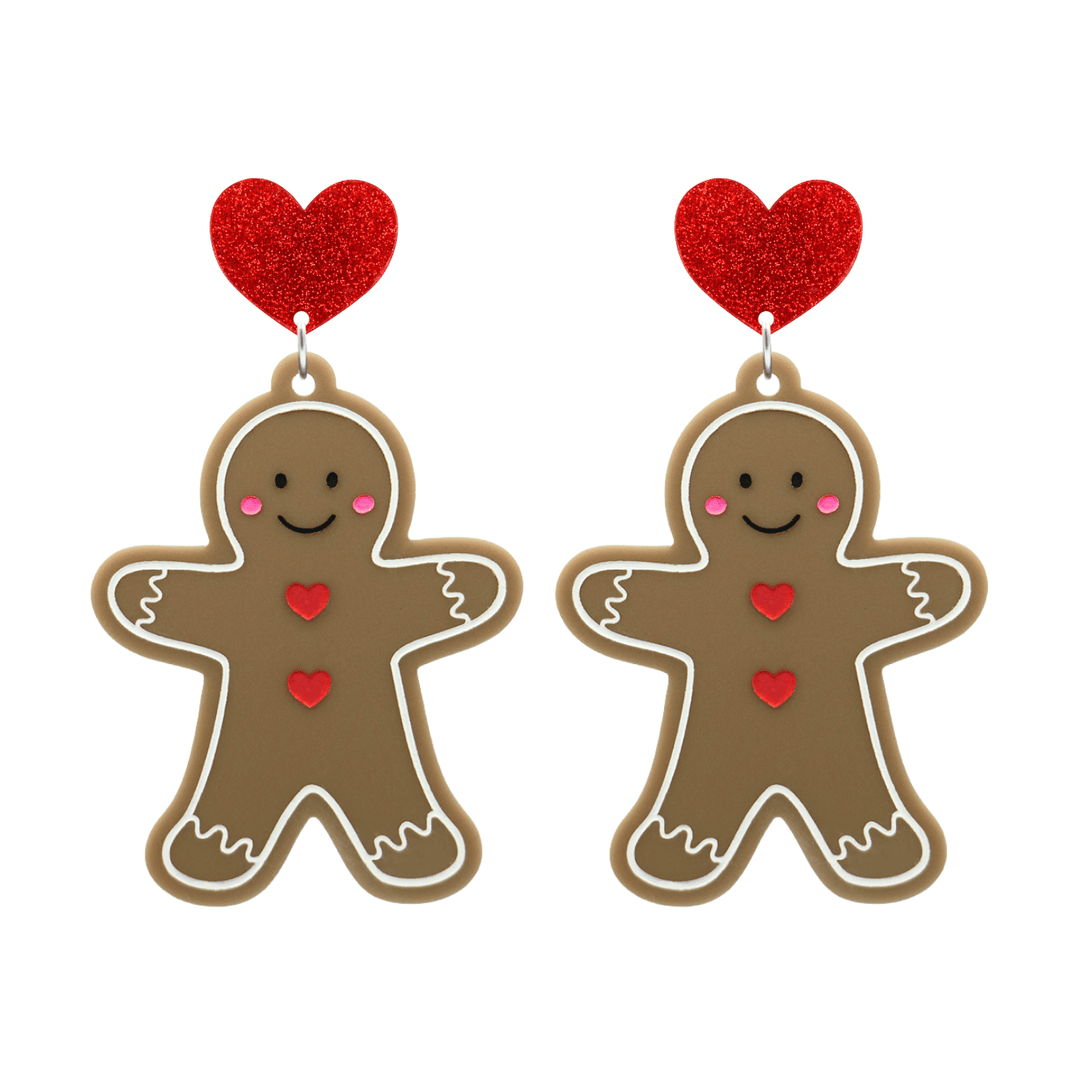 haus of dizzy gingerbread man earrings with red glitter heart tops size large