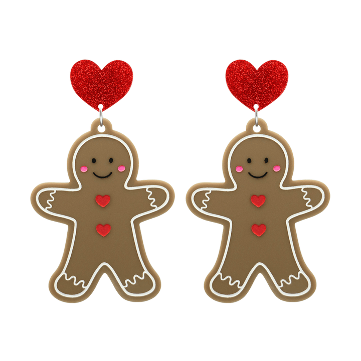 haus of dizzy gingerbread man earrings with red glitter heart tops size large