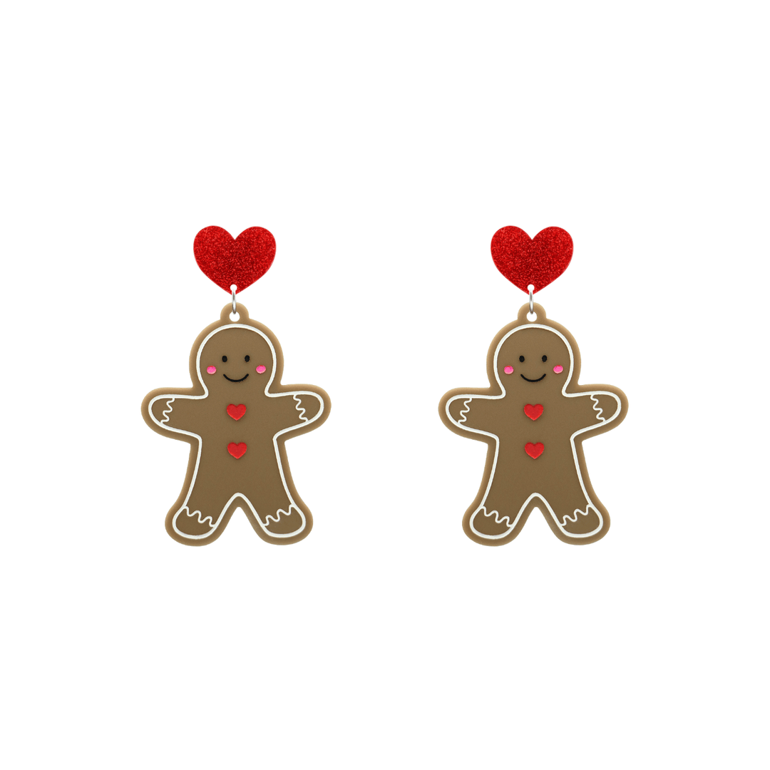 haus of dizzy gingerbread man earrings with red glitter heart tops size small