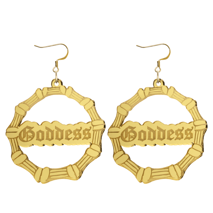 haus of dizzy acrylic gold mirror bamboo hoops with old english text that reads Goddess with hooks no circle stud tops size large