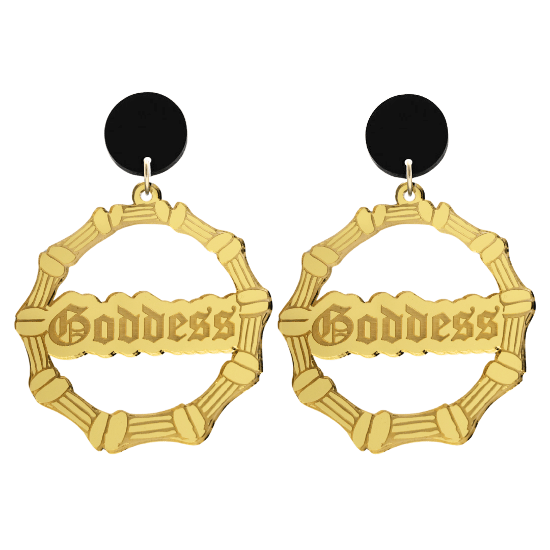 haus of dizzy acrylic gold mirror bamboo hoops with old english text that reads Goddess with black circle stud tops size large