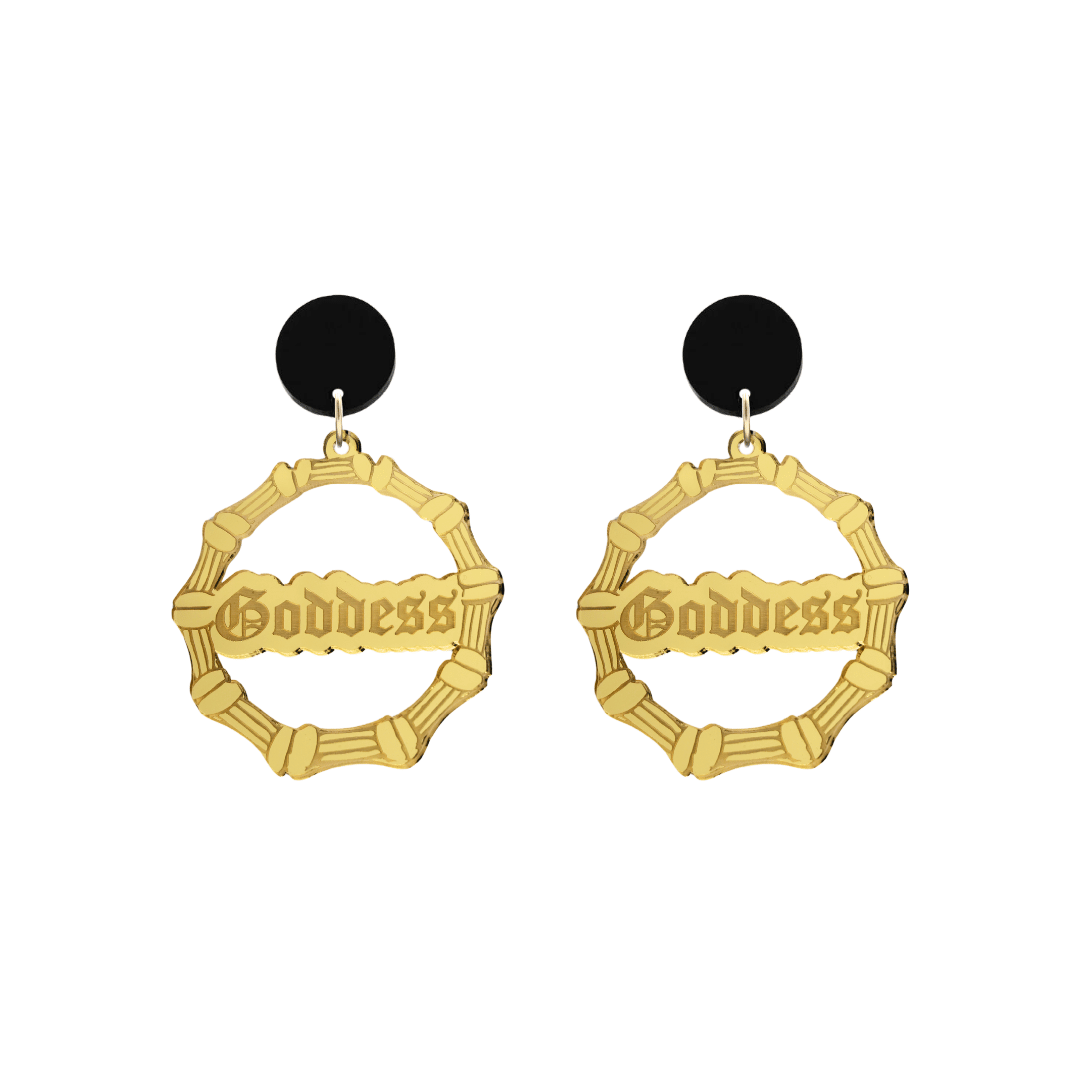 haus of dizzy acrylic gold mirror bamboo hoops with old english text that reads Goddess with black circle stud tops size small