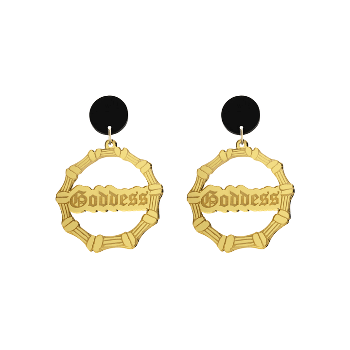 haus of dizzy acrylic gold mirror bamboo hoops with old english text that reads Goddess with black circle stud tops size small
