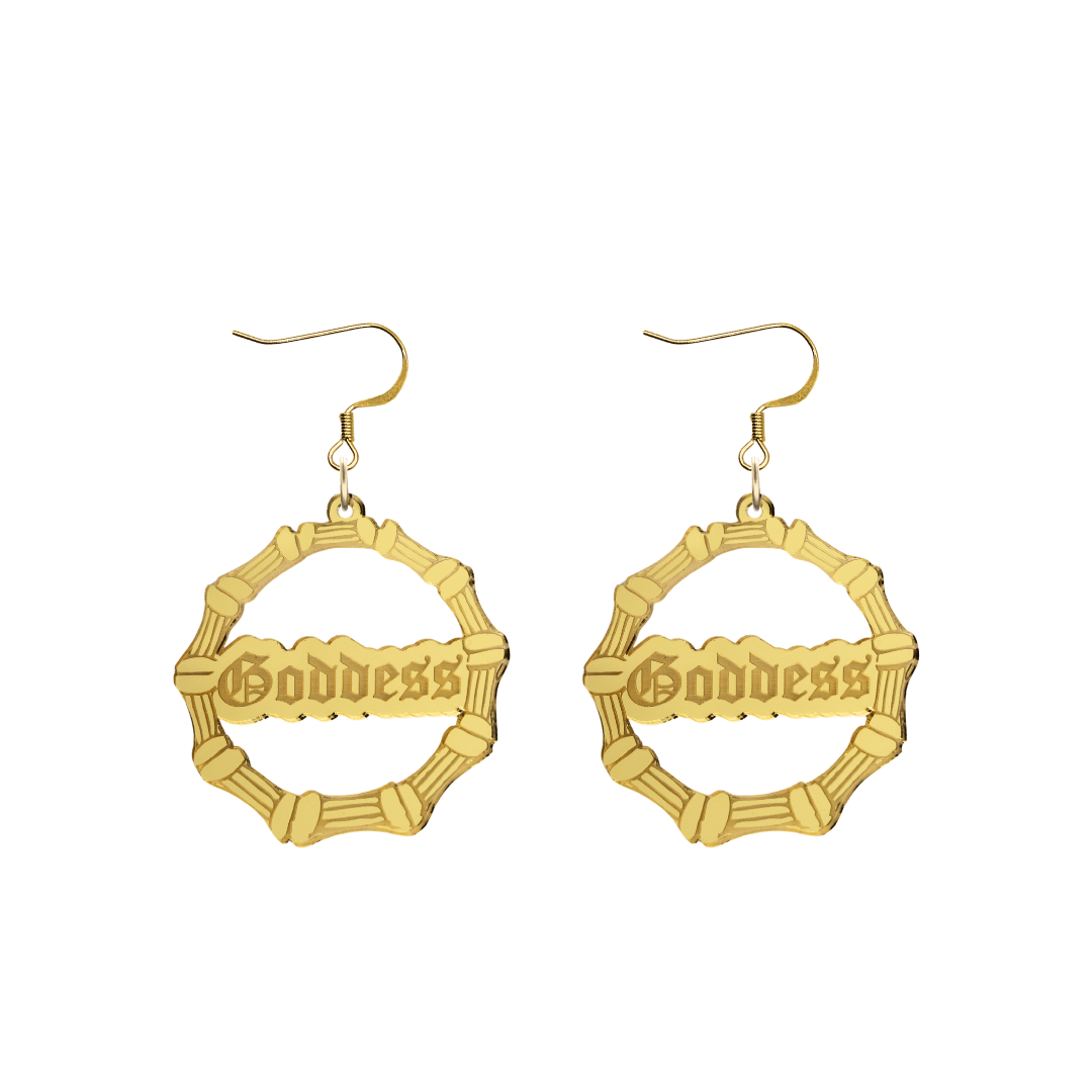 haus of dizzy acrylic gold mirror bamboo hoops with old english text that reads Goddess with hooks no circle stud tops size small