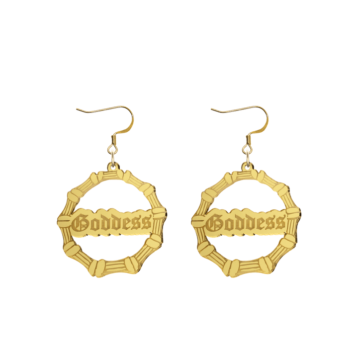 haus of dizzy acrylic gold mirror bamboo hoops with old english text that reads Goddess with hooks no circle stud tops size small