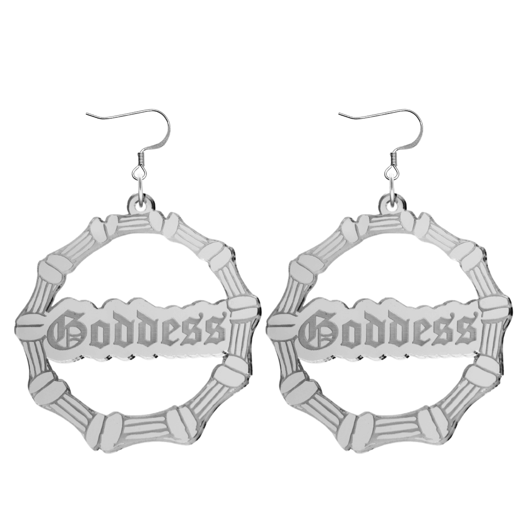 haus of dizzy acrylic silver mirror bamboo hoops with old english text that reads Goddess with hooks no circle stud tops size large
