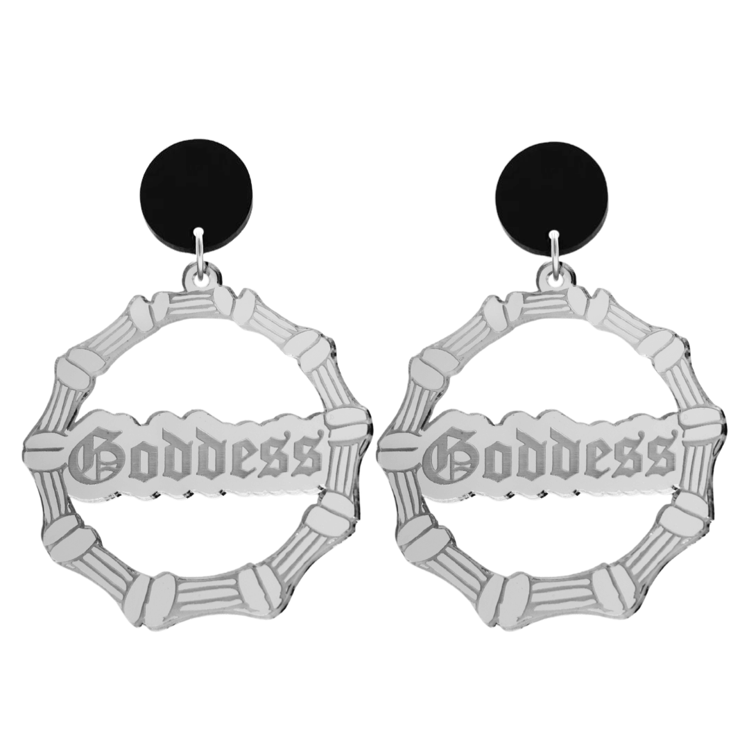 haus of dizzy acrylic silver mirror bamboo hoops with old english text that reads Goddess with black circle stud tops size large