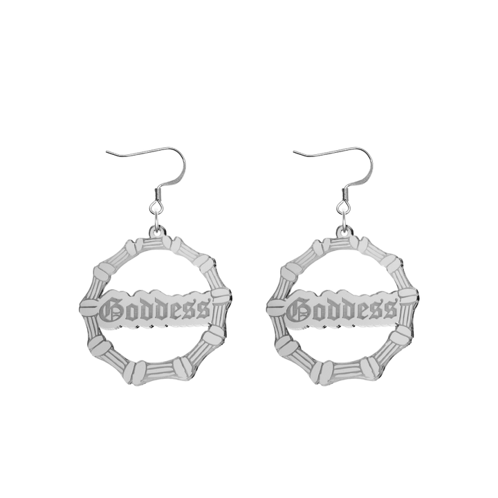 haus of dizzy acrylic silver mirror bamboo hoops with old english text that reads Goddess with hooks no circle stud tops size small