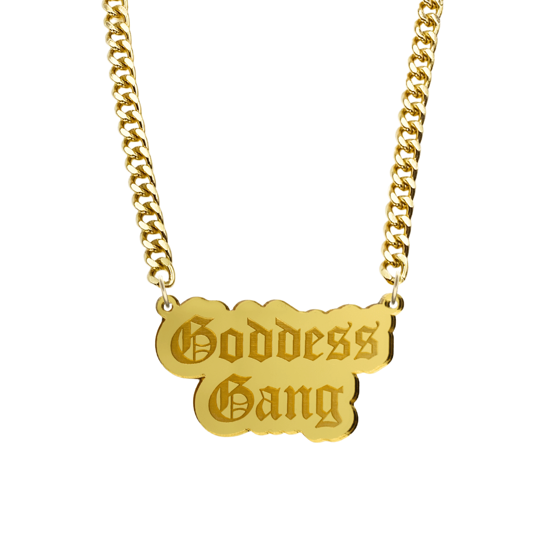 haus of dizzy gold necklace with 'Goddess Gang' acrylic pendant size large