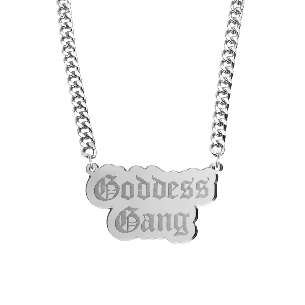 haus of dizzy silver necklace with 'Goddess Gang' acrylic pendant size large