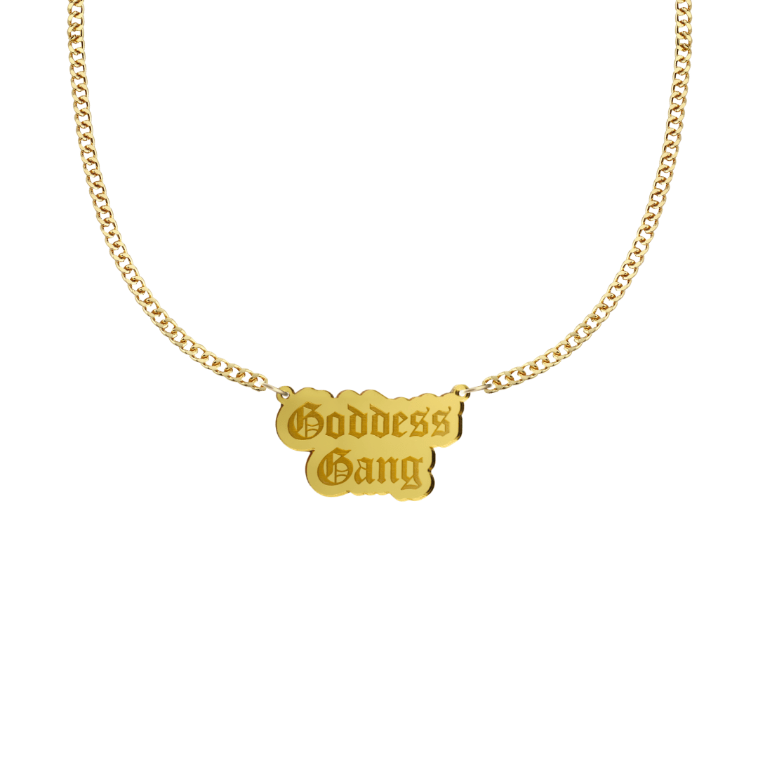  haus of dizzy gold necklace with 'Goddess Gang' acrylic pendant size small