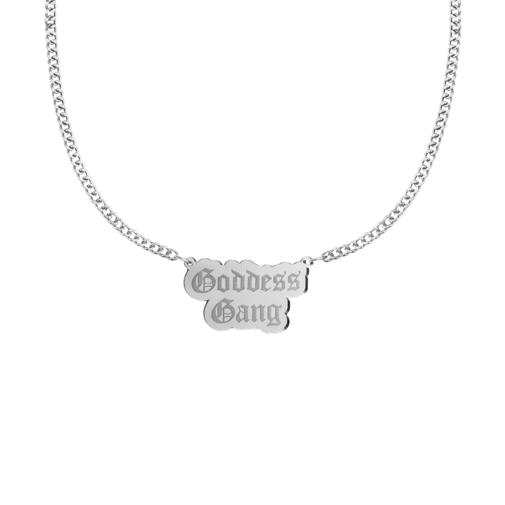 haus of dizzy silver necklace with 'Goddess Gang' acrylic pendant size small
