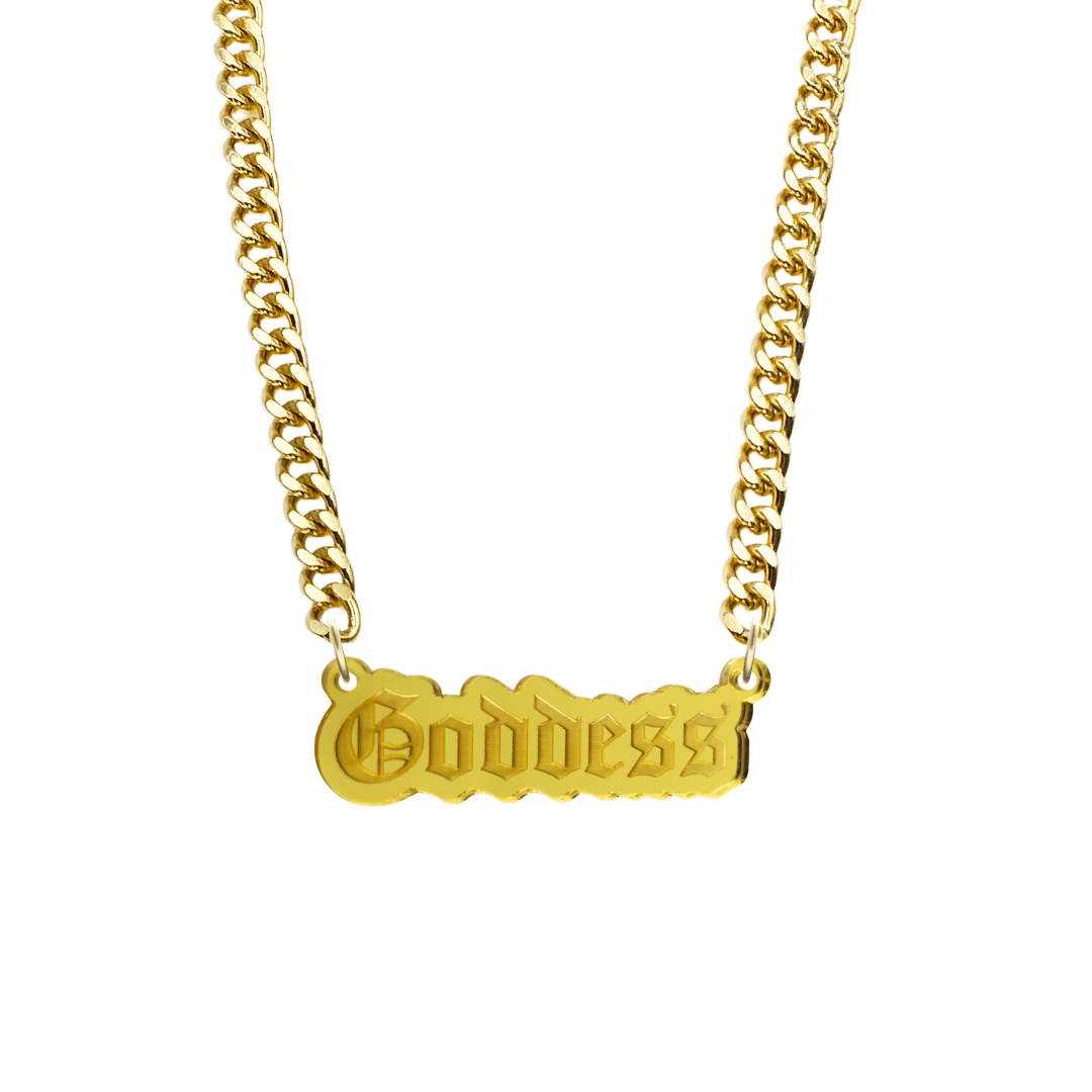 haus of dizzy gold chain necklace with 'Goddess' acrylic pendant size large