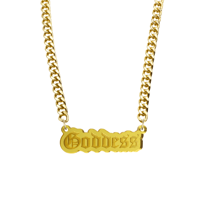 haus of dizzy gold chain necklace with 'Goddess' acrylic pendant size large