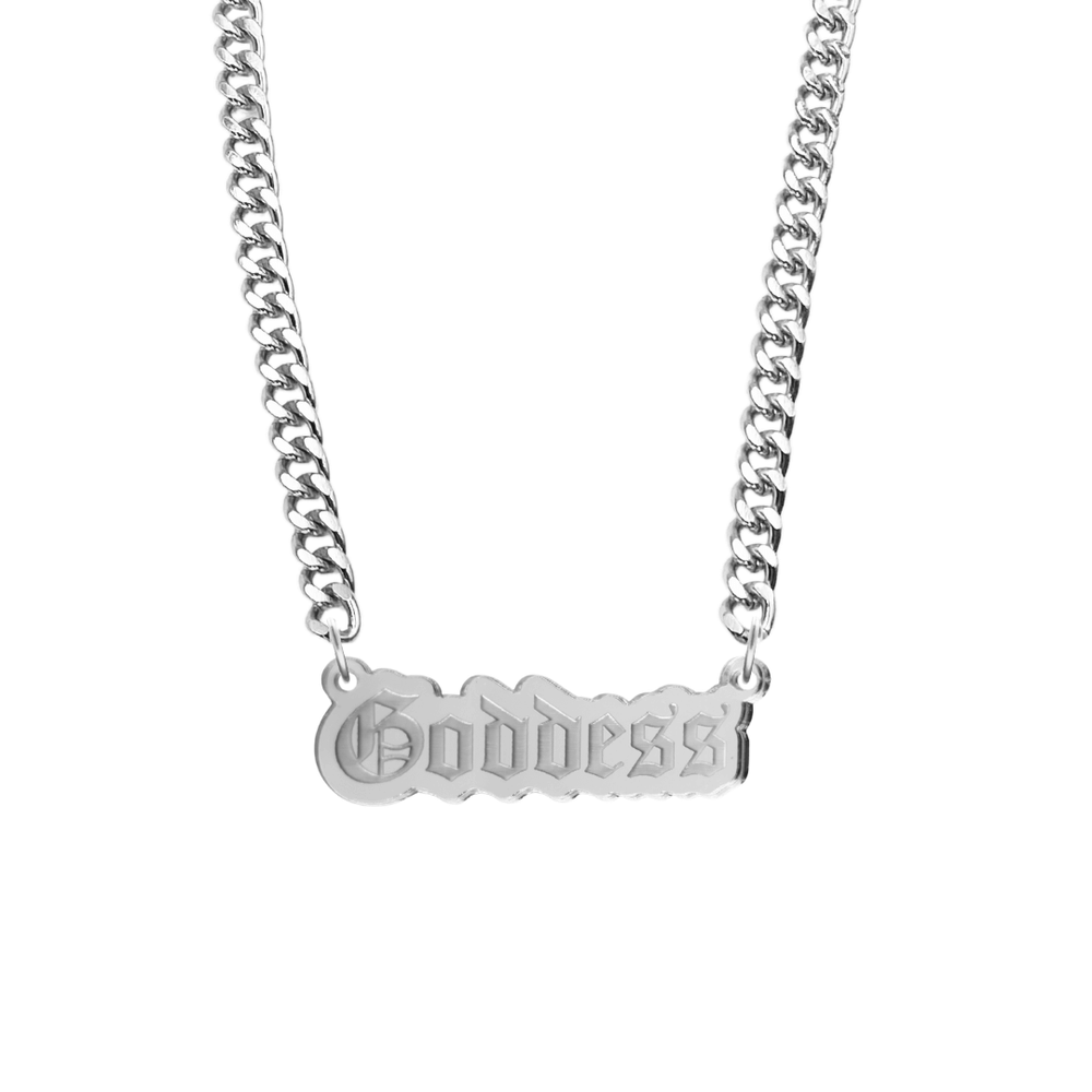 haus of dizzy silver chain necklace with 'Goddess' acrylic pendant size large