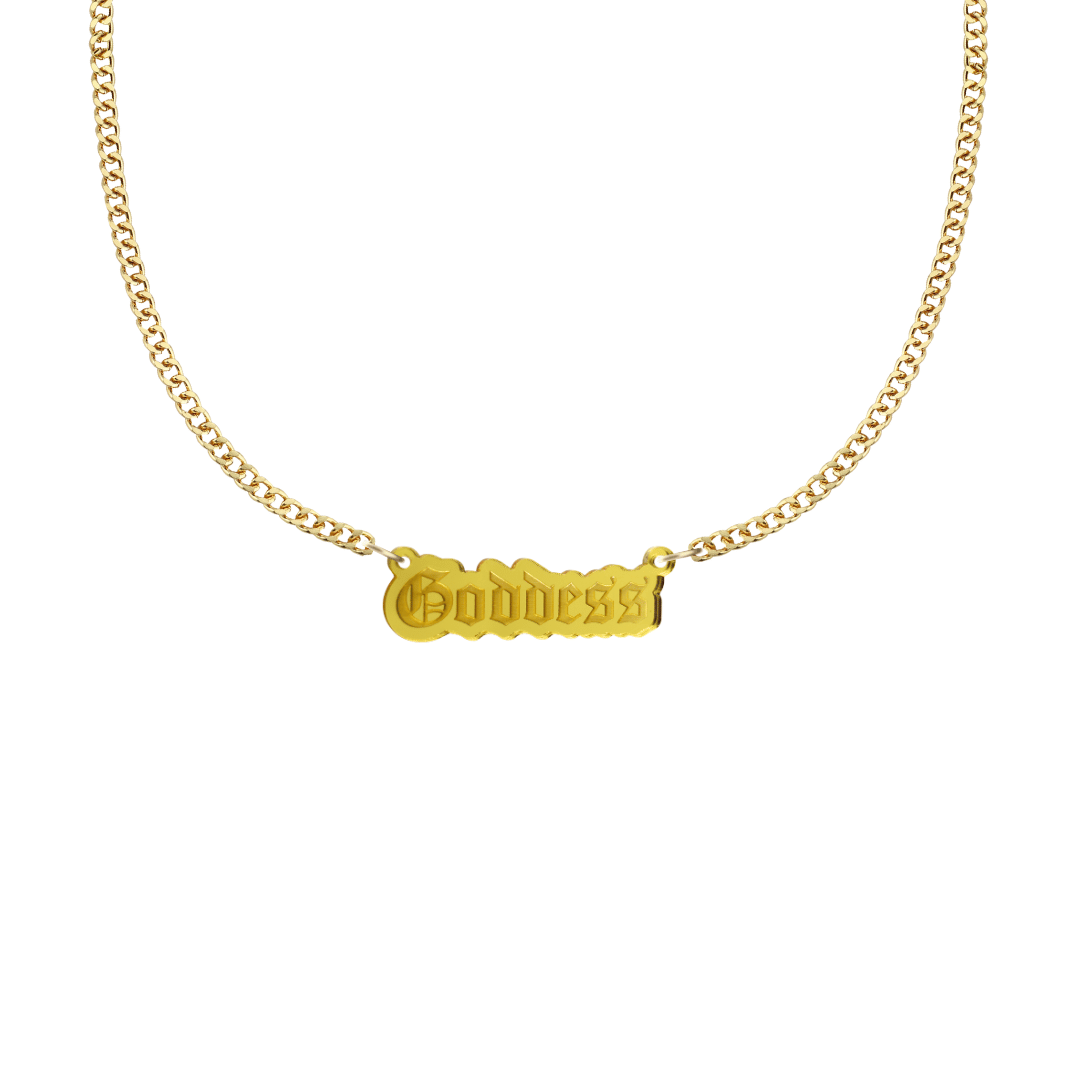 haus of dizzy gold chain necklace with 'Goddess' acrylic pendant size small