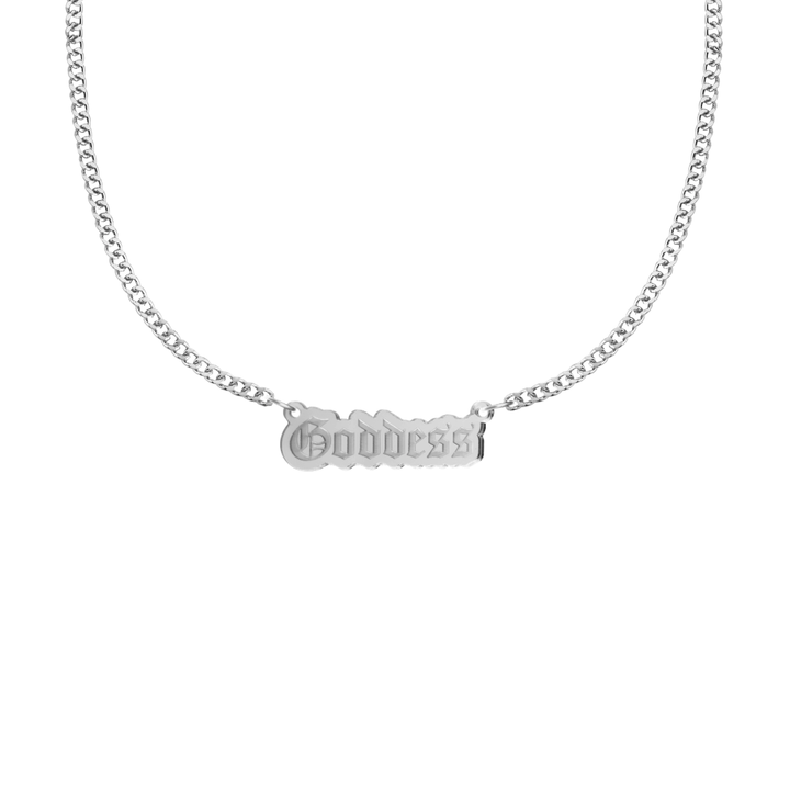 haus of dizzy silver chain necklace with 'Goddess' acrylic pendant size small