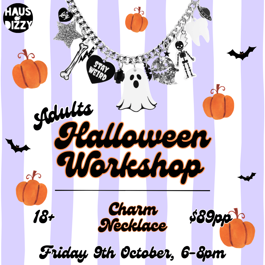 Purple-and-white Halloween flyer with pumpkins, bats, charm necklace, and bold text: Adults Halloween Workshop, Friday 9th October, 6–8pm, $89pp, 18+.