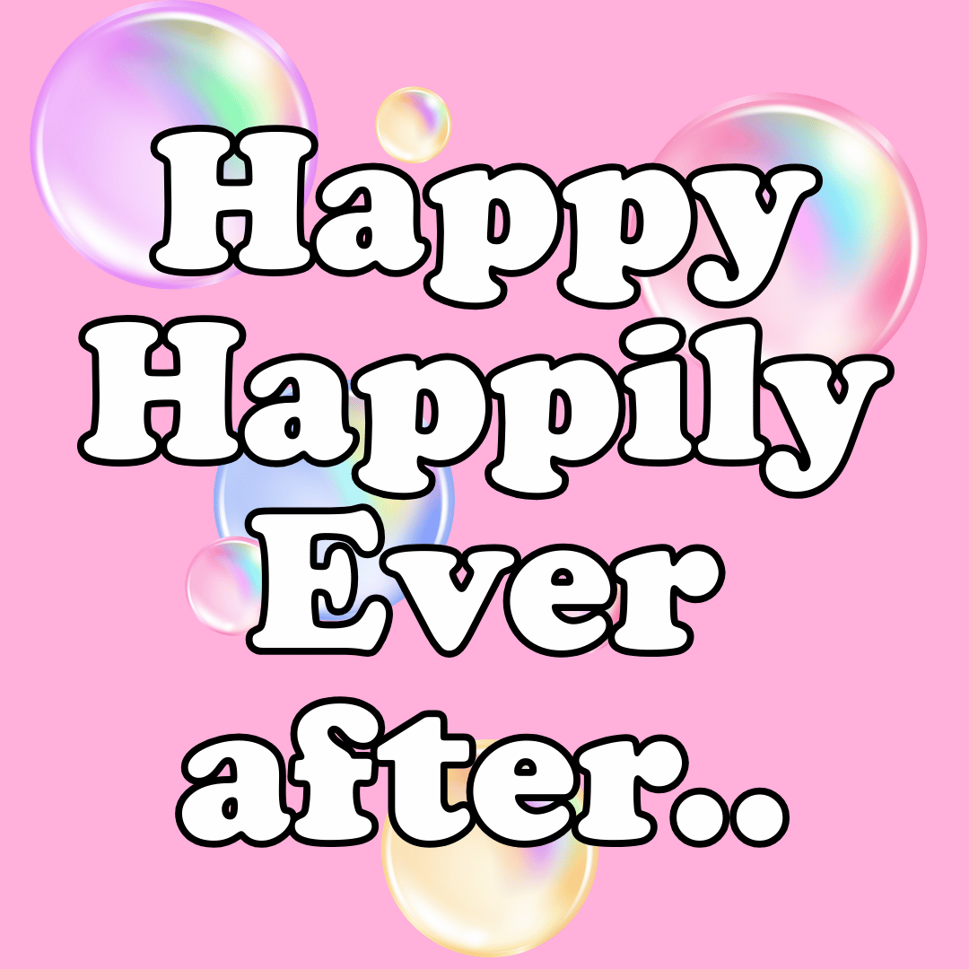 haus of dizzy wedding greeting card with text that reads 'Happy Happily Ever after..' on a pink background with bubbles