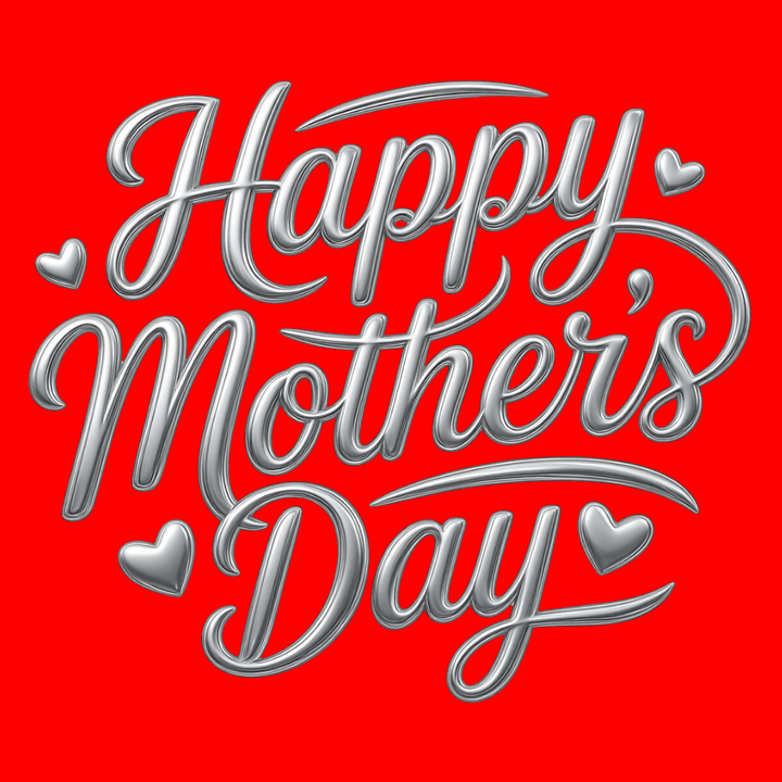 haus of dizzy greeting card with 3D silver 'Happy Mother's Day' text on a red background with heart shapes
