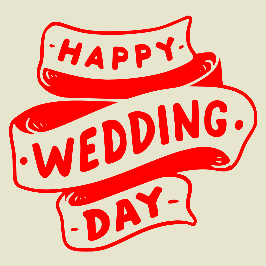 haus of dizzy wedding greeting card with red ribbon-style text 'Happy Wedding Day' on a beige background