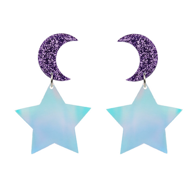 Haus of Dizzy Starry Moon Stud Earrings.- Purple Glitter Moon and Iridescent Star