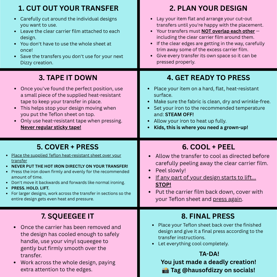 A colorful instructional graphic with eight numbered panels explaining how to apply and press haus of dizzy transfer sheets, including tips and warnings