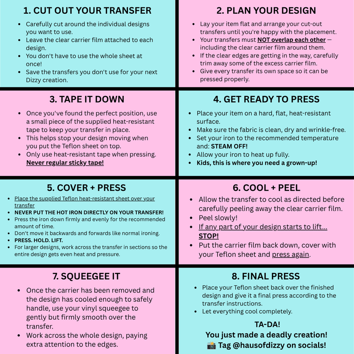 A colorful instructional graphic with eight numbered panels explaining how to apply and press haus of dizzy transfer sheets, including tips and warnings