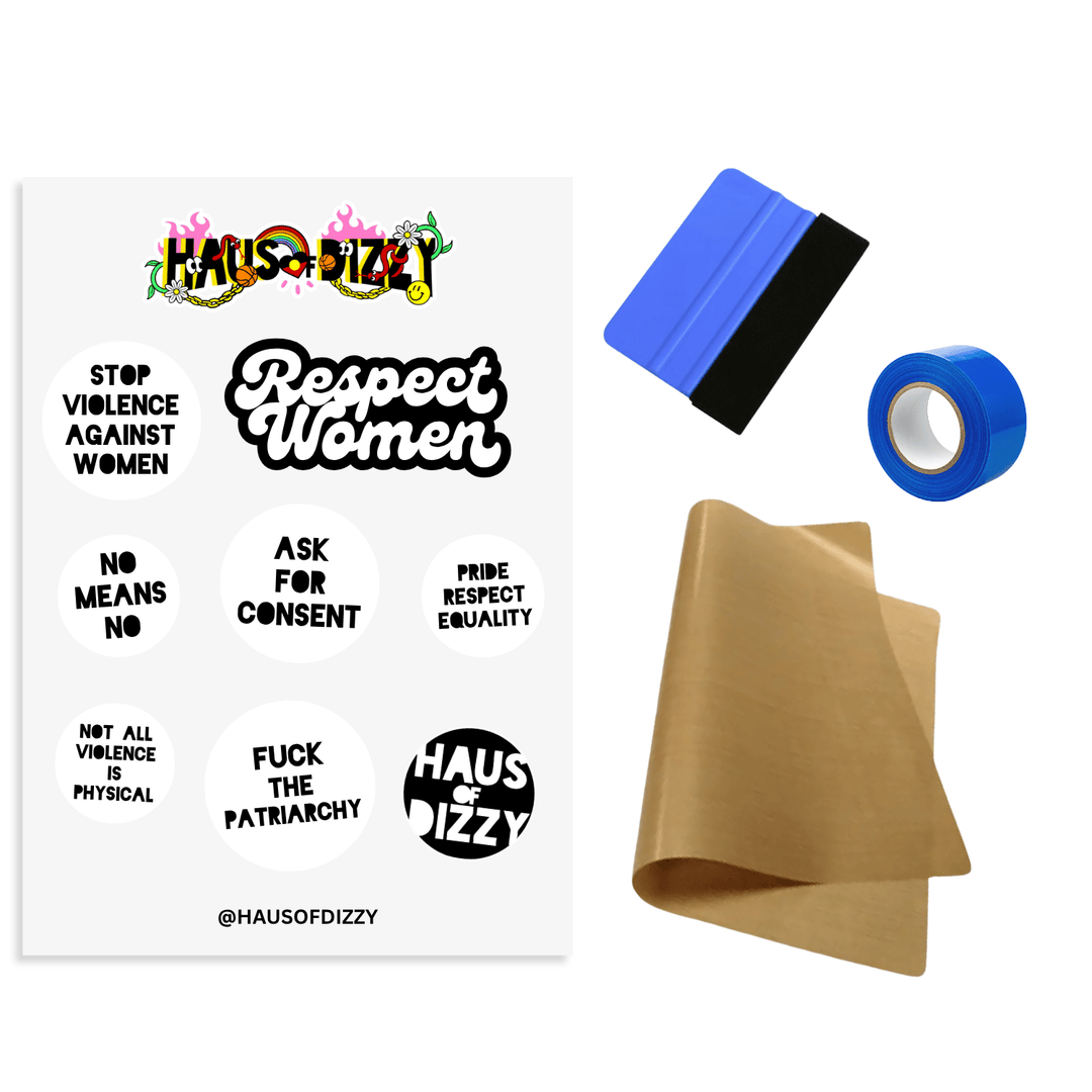 DIY Iron-On Transfer Kit by Haus of Dizzy, featuring a sheet of various respect women decals, a squeegee, blue heat-proof tape, and brown teflon paper included.