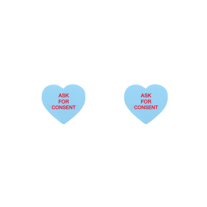 haus of dizzy pastel blue heart studs with 'ASK FOR CONSENT' hand painted red text in centre