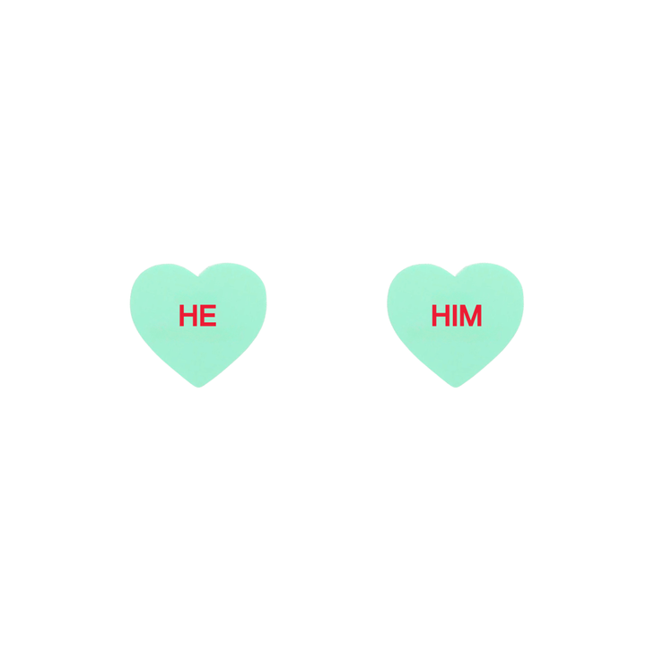 haus of dizzy pastel mint candy heart studs with pronouns HE and HIM in hand painted red text one word on each stud