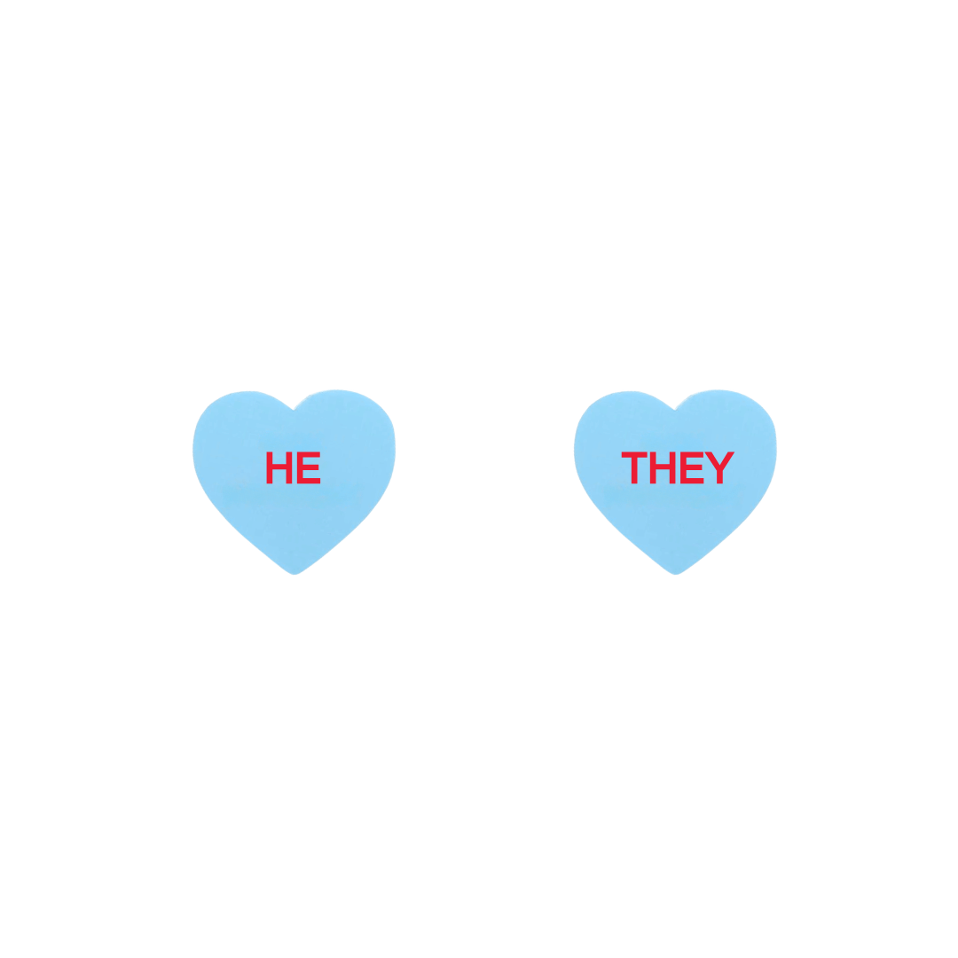 haus of dizzy pastel blue candy heart studs with pronouns HE and THEY in hand painted red text one word on each stud