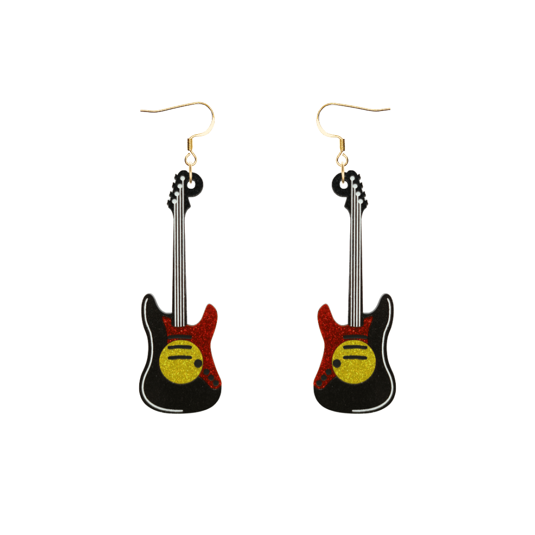 haus of dizzy electric guitar acrylic earrings in the aboriginal flag colours with gold hooks