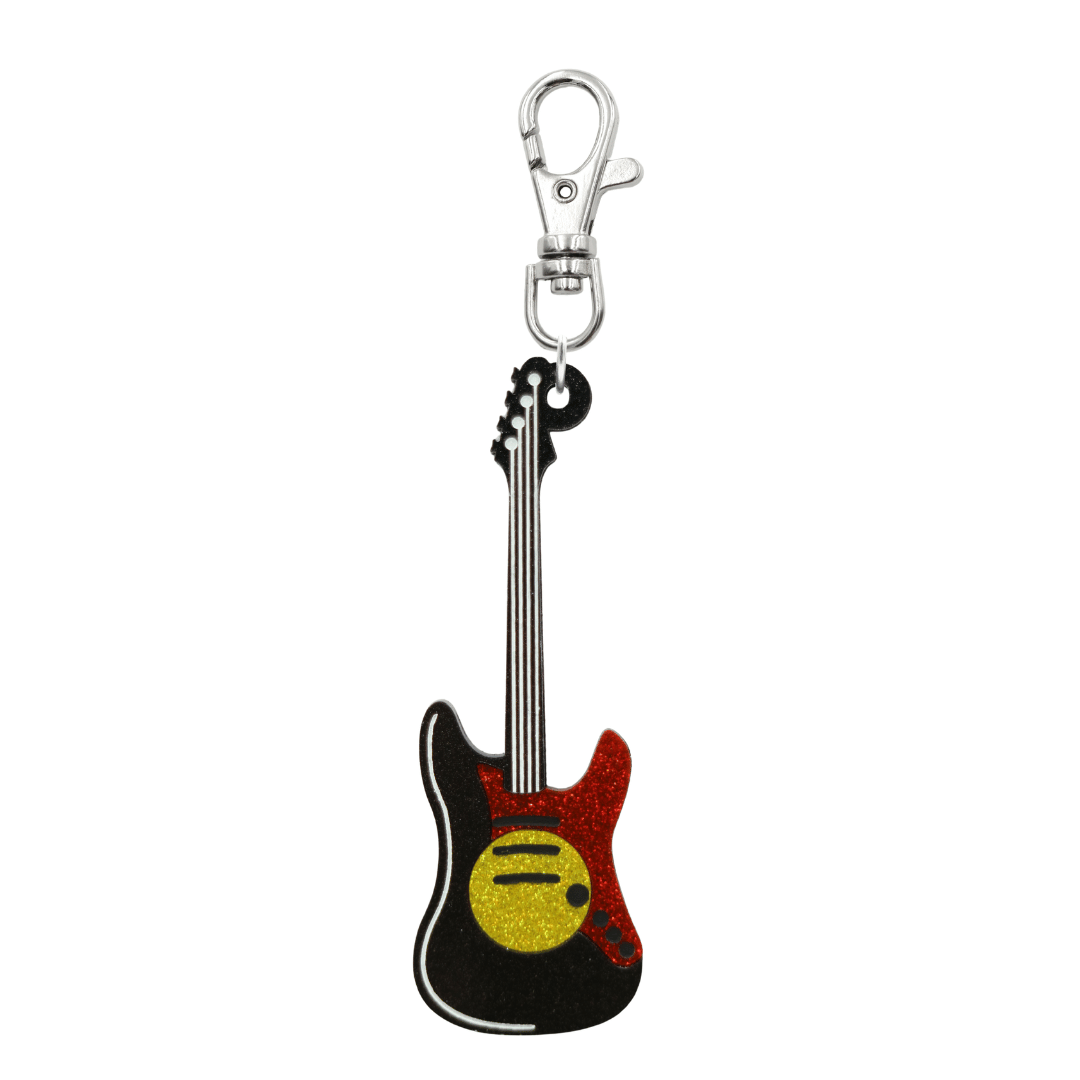 haus of dizzy electric guitar acrylic keychain in the aboriginal flag colours with silver parrot clasp attachment