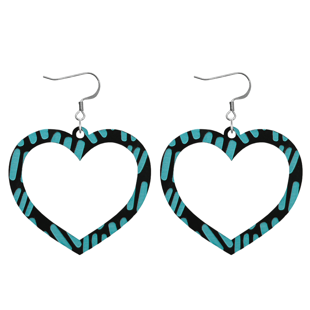 haus of dizzy black heart shaped dangle earrings with hand painted emerald green aboriginal line artwork size large with hooks no heart tops