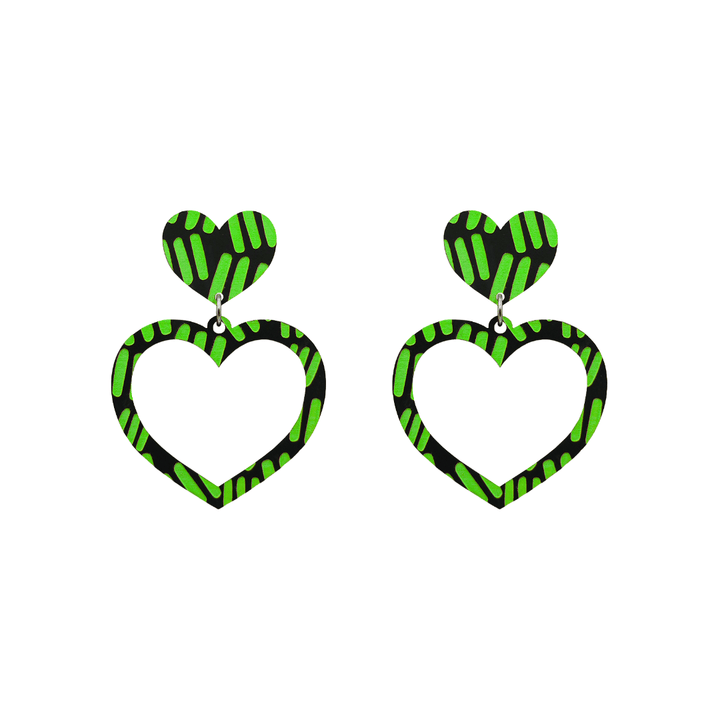 haus of dizzy black heart shaped dangle earrings with hand painted apple green aboriginal line artwork size small